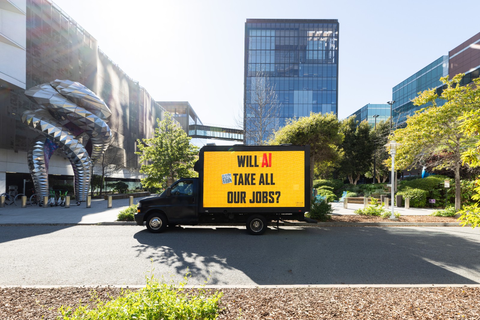 The AI Doc LED truck promotion outside Anthropic headquarters in San Francisco Bay Area by JY Studio