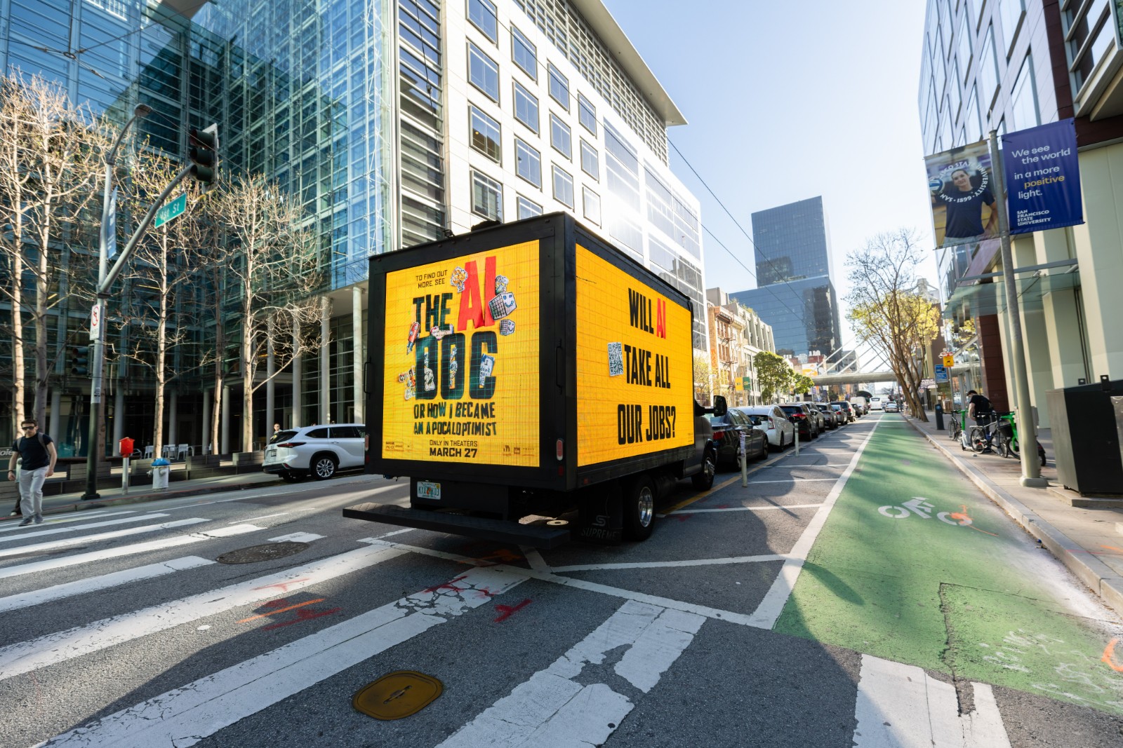 LED billboard truck promoting The AI Doc film near OpenAI office in San Francisco by JY Studio
