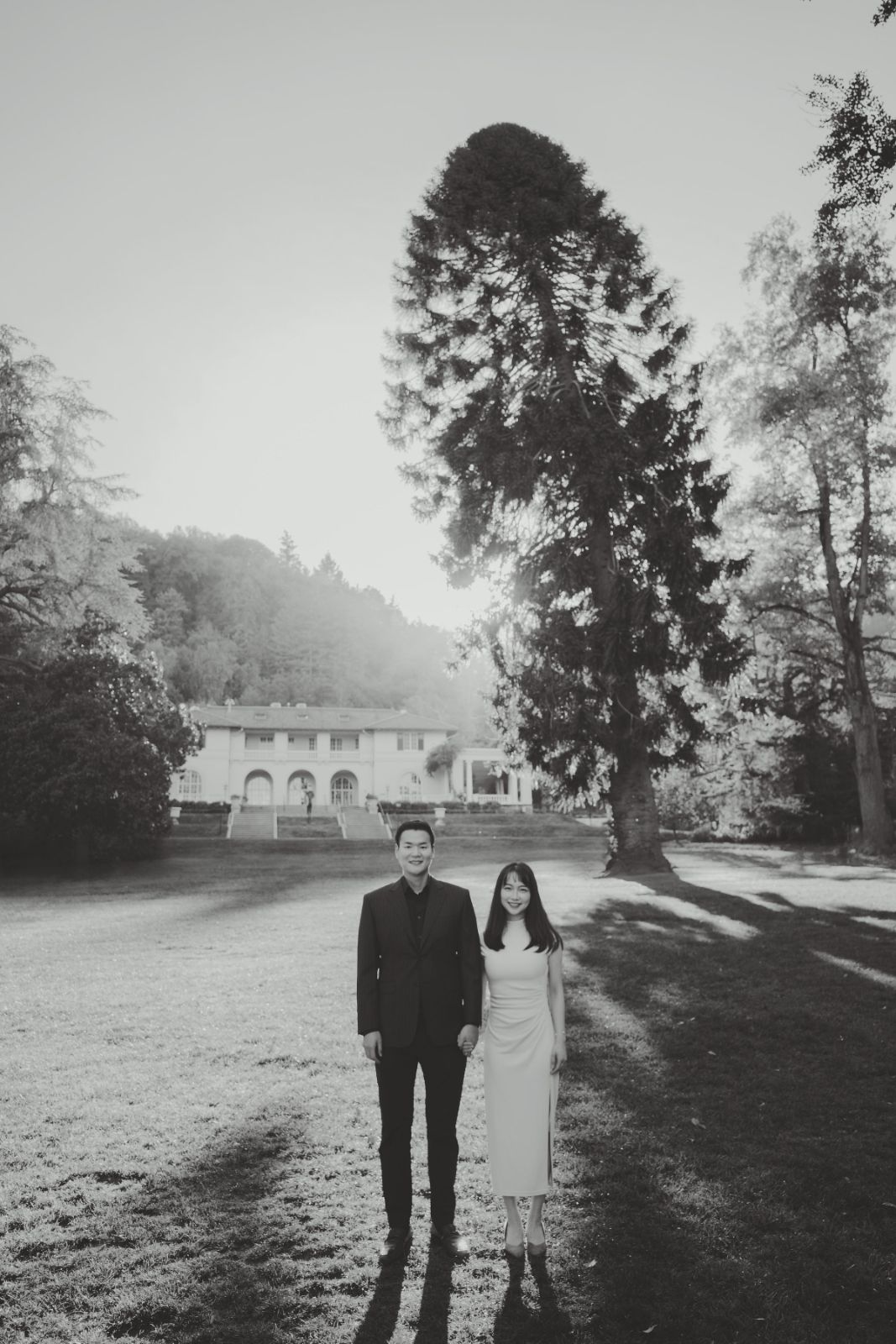 Cinematic couple portrait with warm light at Montalvo Arts Center by SlowMo Studio