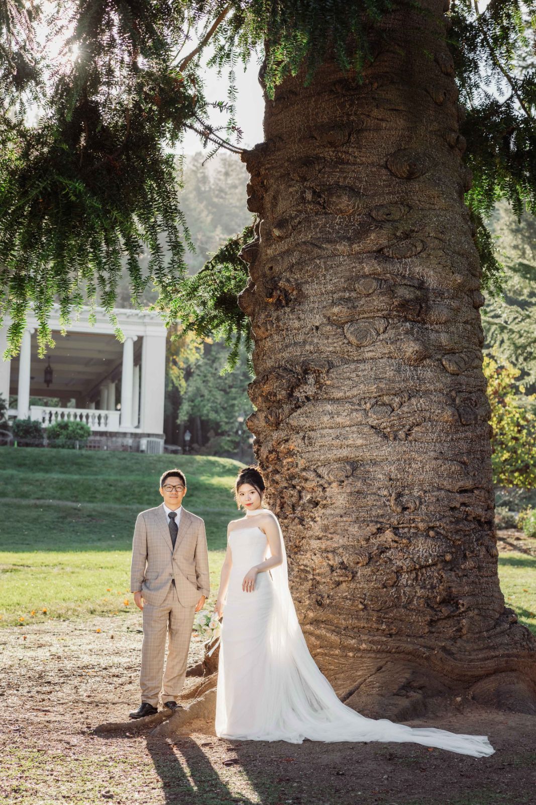 Cinematic couple portrait with warm natural light at Montalvo Arts Center by SlowMo Studio
